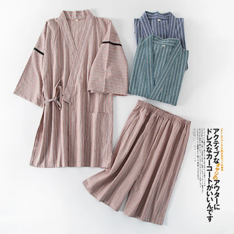 

Yarn dyed washed cotton kimono short-sleeved shorts men's pajamas set cotton striped sweat steamed two-piece thin home suit