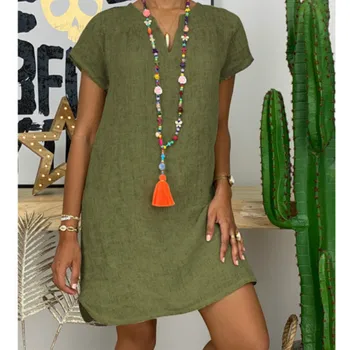 

Beach Leisure Short Sleeve Solid Color Short Dress Women Oversize Summer Dress Casual V-Neck Cotton Linen Dresses Plus Size 5XL