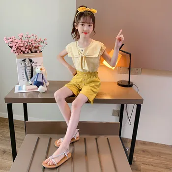 

Girl Clothes Bowknot Tops Short Pants Girl Clothes Sets Sleeveless Yellow Tops Striped Summer Outfit Set 5 6 7 8 9 10 12 Years