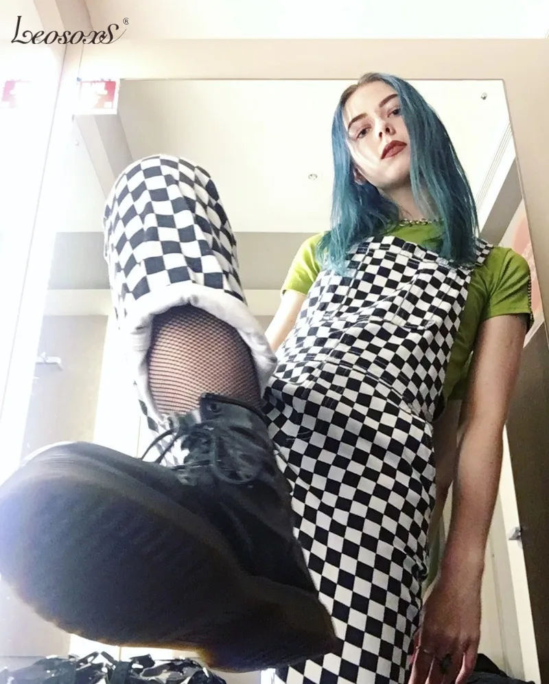 Women Jumpsuit Casual Black And White Checkerboard Plaid Loose Overalls Harajuku Bib Pants New Retro Old School Hip hop Style