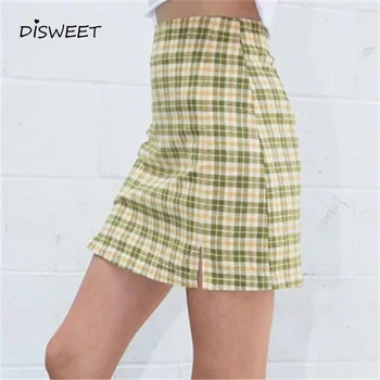 

Simple Plaid Printed High Waist Skirt Woman Korean Wide Loose Fork Summer Skirt Ladies Casual Slim Zip Mini Women's Skirt 2020