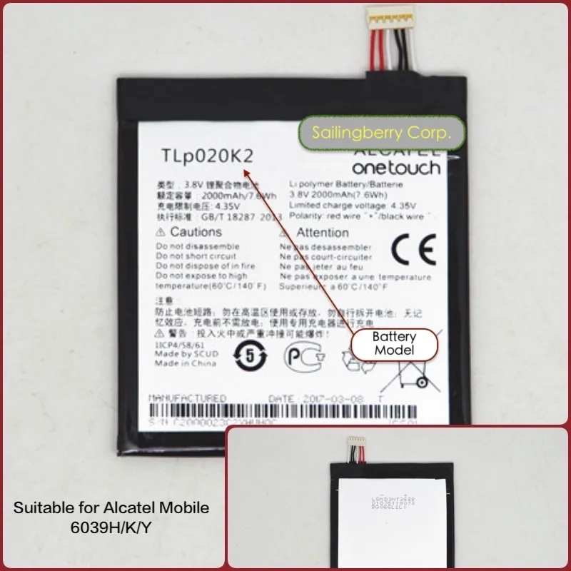 

Battery suitable for Alcatel TCL Mobile with Battery Model TLp020K2 for 6039/H /K /Y