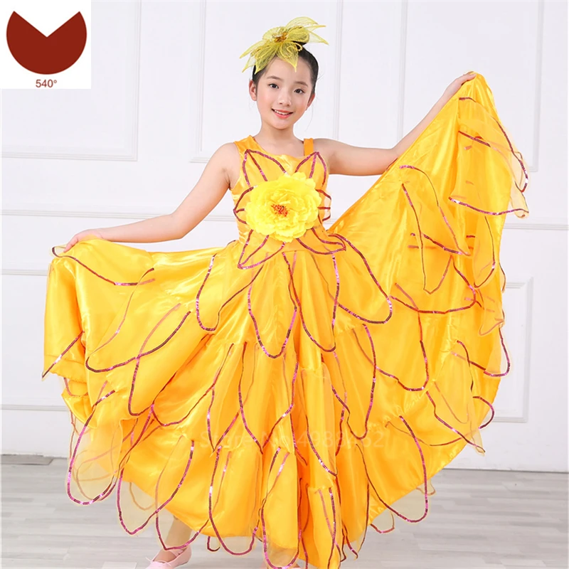 Yellow 540degree Для девочек Фламенго, испанское платье для танцев, Цыганская юбка, испанская большая танцевальная коррида, Yera, карнавальные костюмы для сцены - Цвет: Yellow 540degree