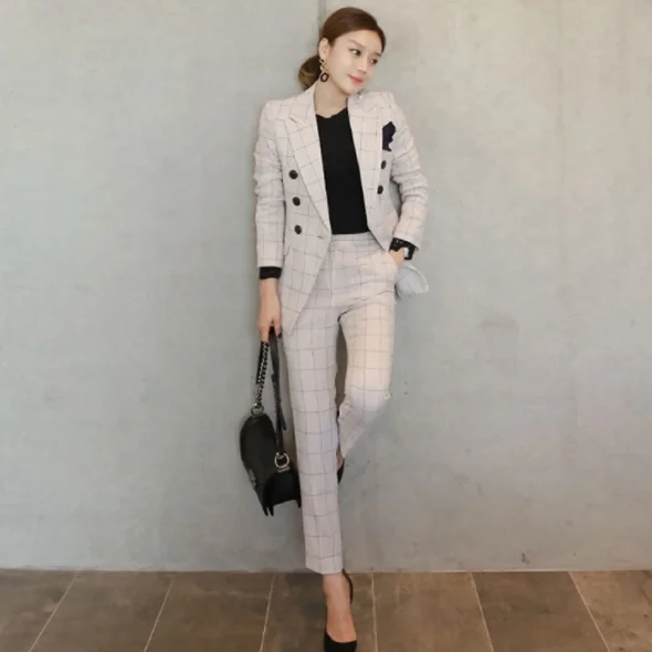 Женский элегантный двубортный пиджак в клетку с отложным воротником длинные