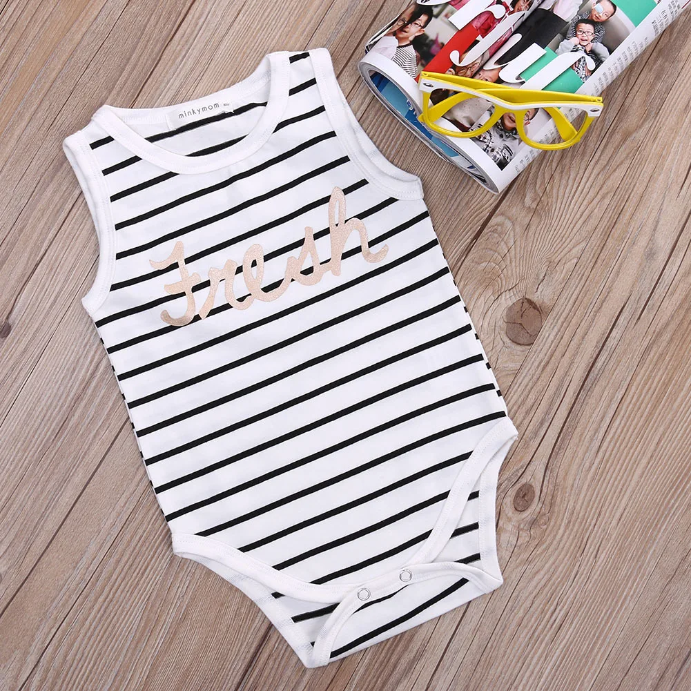 Fashion& Cute Casual Baby Boy Girls Sleeveless O Neck With Letter Cotton Striped Bodysuit 0-24m
