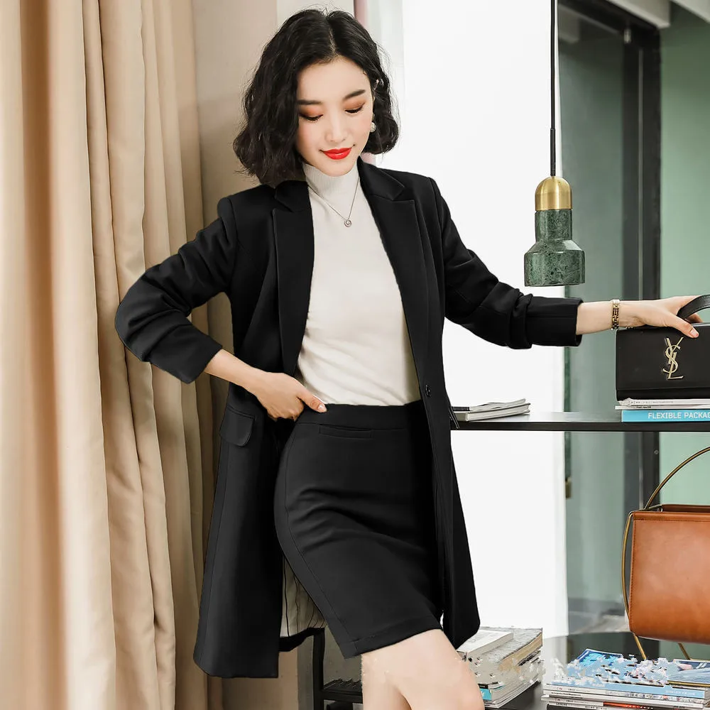 Дамская элегантная офисная одежда платье костюм женский длинный стиль куртка юбка M-4XL размера плюс синтетическая ткань Рабочий костюм f80808 - Цвет: black suit