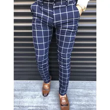 

Suit Pants Mens Plaid Blue Business Dress Pants Fashion Spots Men Clothing Male Sweatpants Navy Blue Gray Office Joggers Pants