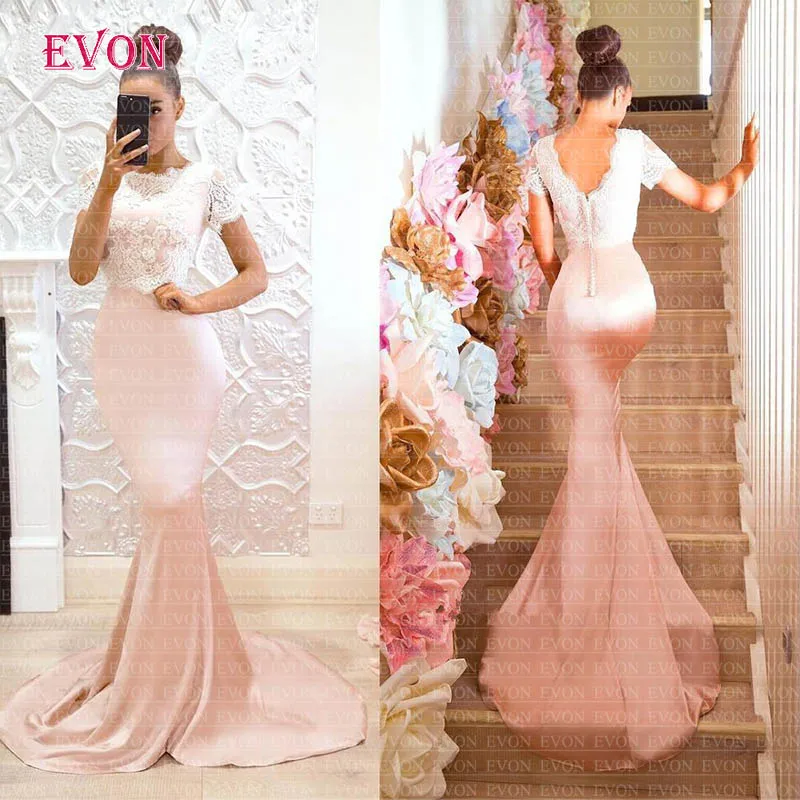 Светло-розовые платья для выпускного вечера Длинные vestidos De Fiesta Largos Elegantes De gala с короткими рукавами и кружевами и атласные вечерние платья