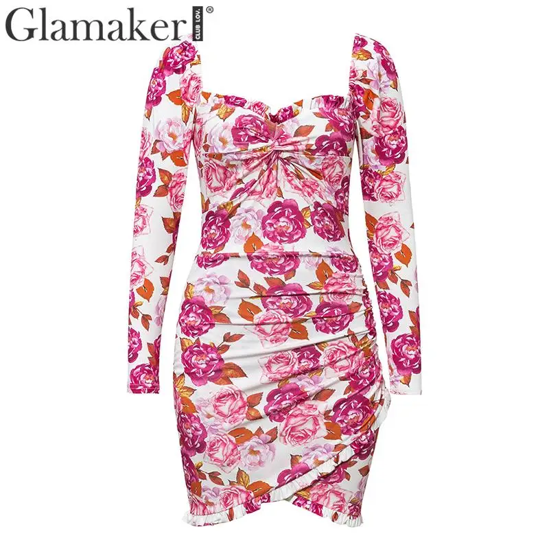 Glamaker зимнее платье с цветочным принтом и длинными рукавами-фонариками; элегантное короткое облегающее мини-платье с квадратным вырезом; осенние вечерние Клубные платья; vestido