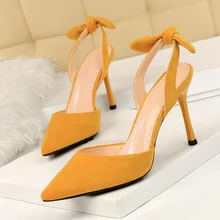 Boussac Elegant Bowtie Slingback High Heel Women Pumps Sexy Pointed Toe High Heels Ladies Shoes Suede Thin Heel Party Shoes B233