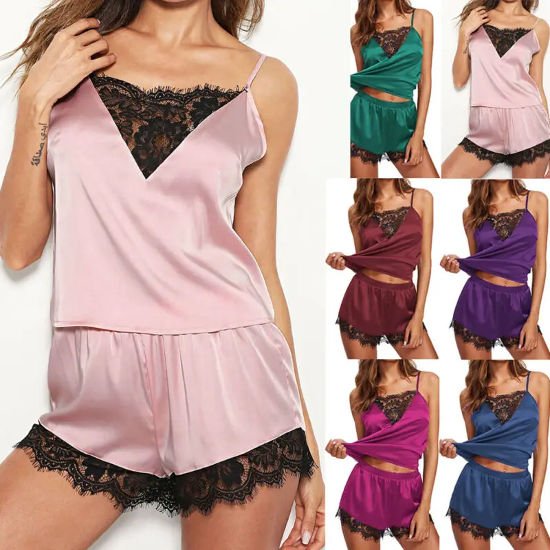 

Women's Pyjamas Set Nightwear Ladies Top Shorts Pjs Satin Silk Lace Sleepwear 2021 New Fashion