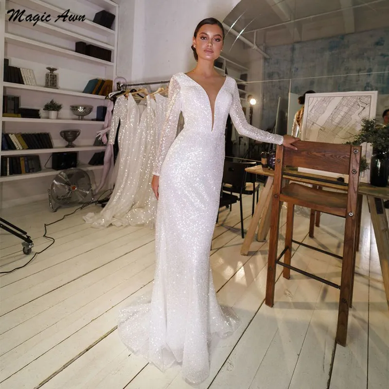 

Magic Awn Shine Mermaid Wedding Dresses Long Sleeves Illusion V-Neck Bodice Princess Wedding Party Dress Glitter Robe De Mariage