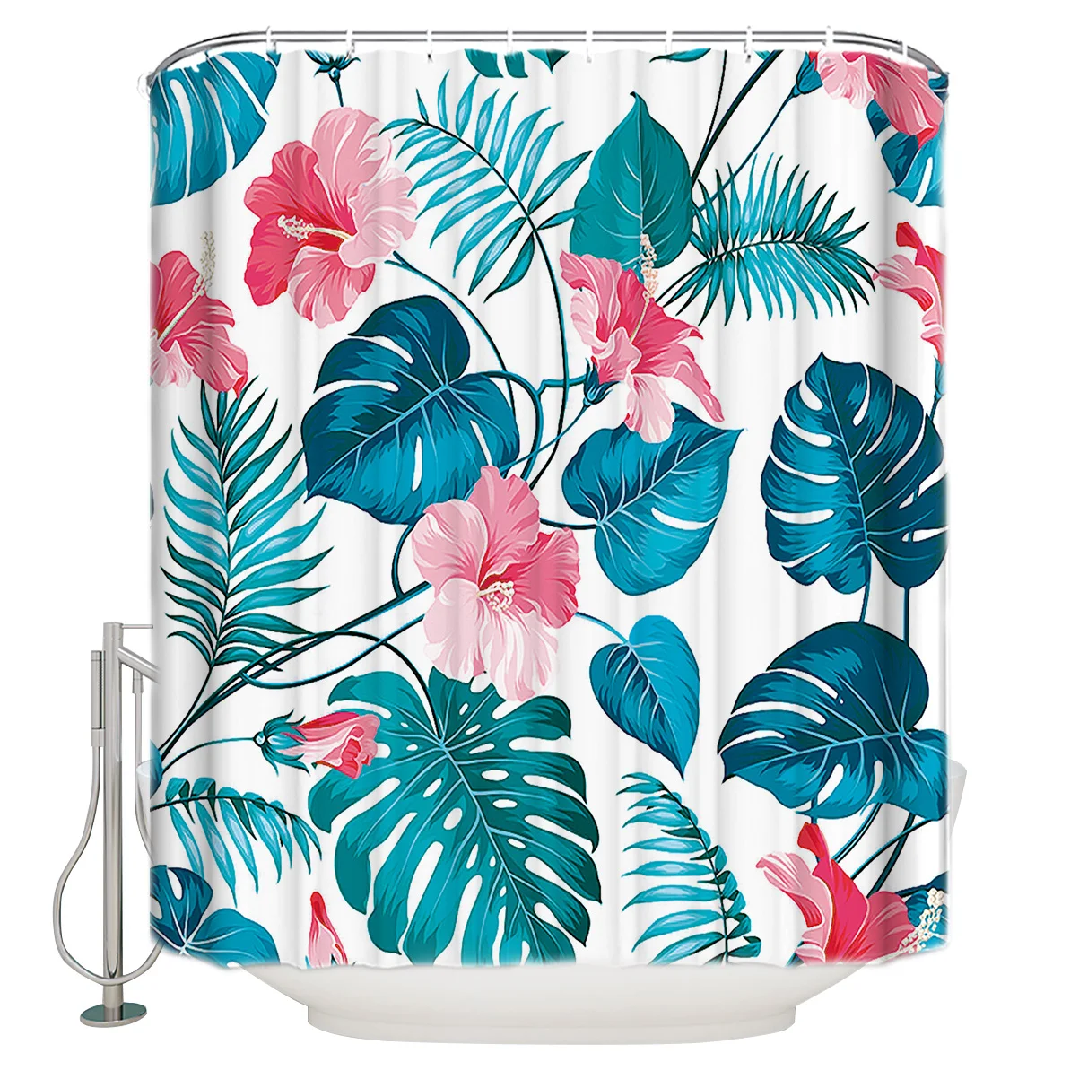 Red Flowers With Large Leaves Seamless Pattern Hook Shower Curtain for Bathroom Decoration | Дом и сад