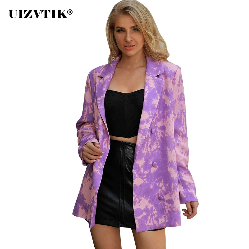 

Casual Purple Tie Dye Double Breasted Long Blazer Coat Women Jacket 2020 Autumn Sexy blazer Female Vintage Oversized Suit Coat
