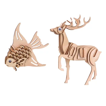 

DIY Wooden Puzzle Model Kit Stereo Goldfish Elk Jigsaw Wood Crafts For Home Decor Assembly Model 3d Educational Toy Gift