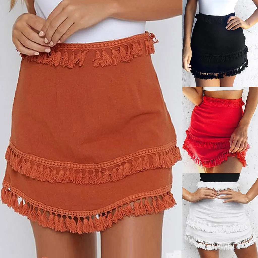 Сексуальные мини-юбки женские jupe femme эластичный с высокой талией Свободная юбка faldas кисточкой стрейч Bodycon ниже колена юбка# C9