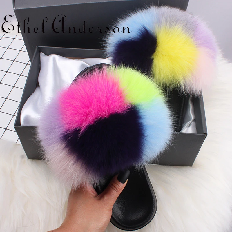 

Cute Plush Natural Fox Hair Slippers Hot Women Furry Slippers Ladies Real Fur Slippers Summer Casual Fashion Slippers for Women