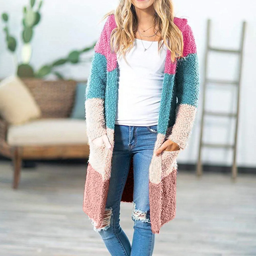 

Plus Size Ladies Rainbow Long Cardigan Jacket Women Casual Long Sleeve Open Front Soft Chunky Knitted Pocket Sweater Outerwear