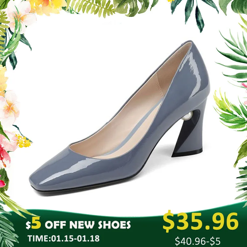 

RizaBina 2020 Genuine Leather Plus Size 33-43 Women Pumps Bead Strange Heels Party Wedding Shoes Women Square Toe Sexy Pumps