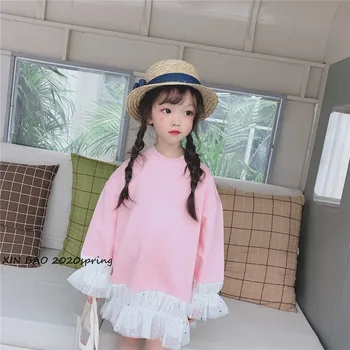 

2020 spring new girls' Pullover splicing Lace Long Sleeve Sweater Small and medium children's thin casual clothes