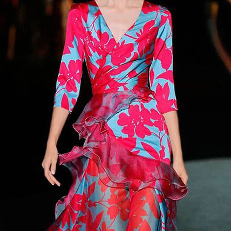 Asymmetrical Neck Ruffle Trim Heart Print Belted Dress