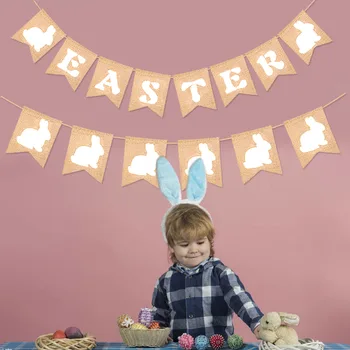 

Behogar 2PCS Fashion Easter Rabbit Burlap Banner Flags Garland for Party Home Shopping Mall Supermarket Decorations Photo Props