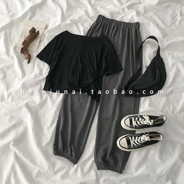 Casual Long Pant Set Women Short Sleeve T-shirt + Elastic High Waist Harem Pant Trouser Matching Set