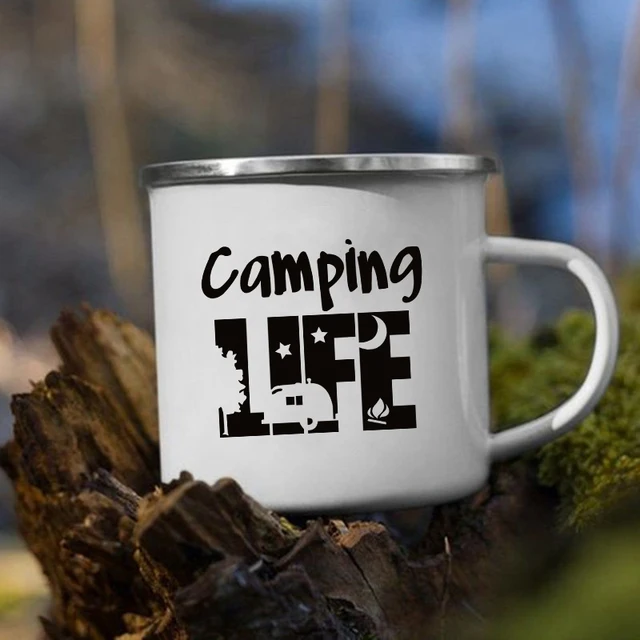 Adventure Awaits Camping Mugs Happy Campers Campfire Cup Enamel Camping Cups Outdoor Campervan Coffee Handle Mug Camper Van Gift 2