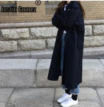 

Windbreaker Female With Belt Women Fashion Clothes Eam Women Black Long Trench Coat Loose Double-breasted Overcoats For Girls