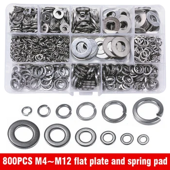 

Mayitr 800pcs M4-M12 Car Auto Flat Washer Spring Washer Pad Stainless Steel Metal Lock Kit Tool Accessories