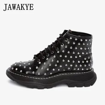 

Genuine Leather Metal rivets Motorcycle Boots Women Round toe lace up Ankle Boots Winter flat boots martin botas mujer