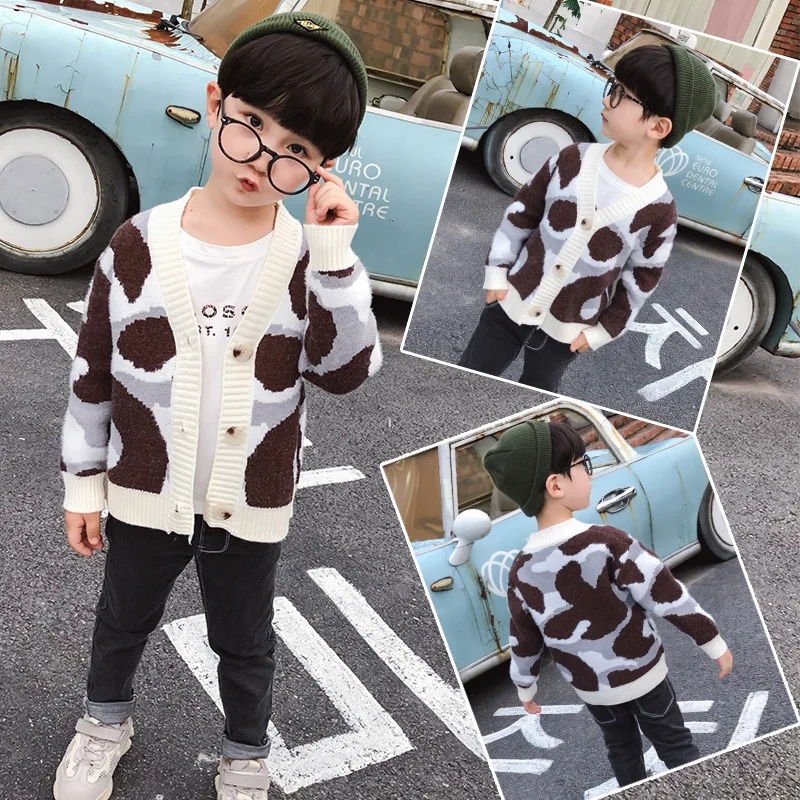 

BOY'S Cardigan Sweater 2019 Autumn New Style Children Korean-style Faux Mink Cashmere Leopord Pattern Knitted Cardigan Kids' Ove