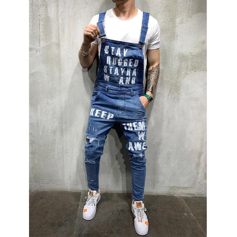 Cheap Hip hop Fashion Men's Ripped Jeans Jumpsuits Hi Street Distressed Denim Bib Overalls For Man Suspender Pants Size S-XXXL