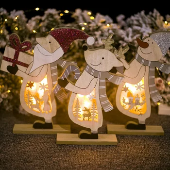 

LED Christmas Wooden Ornaments Glowing Cute Santa Claus Snowman Deer Decorations Light Up Merry Christmas New Year Gift