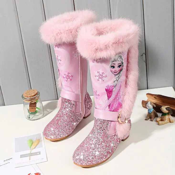 Tanie Dziecięca dziewczyna królowa śniegu księżniczka szpilki bawełniane buty dla dzieci Elsa plus aksamitne grube ciepłe cekinowe botki
