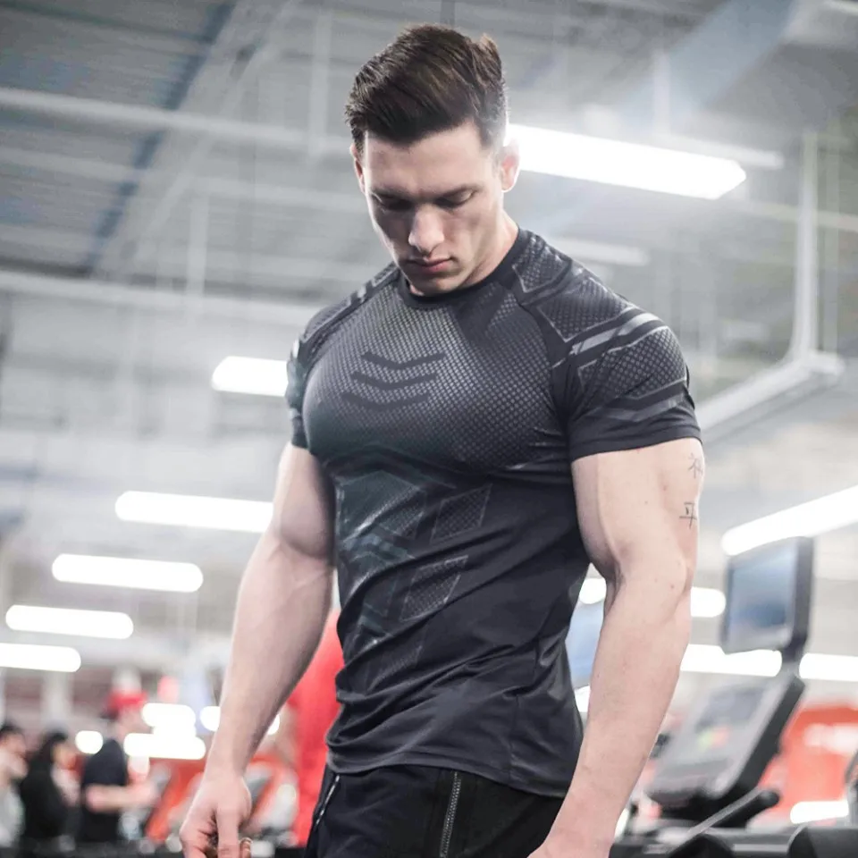 T121 black Спортивная мужская футболка для бега, фитнеса, тонкая, высокая эластичность, дышащая, быстросохнущая, бодибилдинг, облегающая Мужская футболка, мужские футболки - Цвет: T121 black