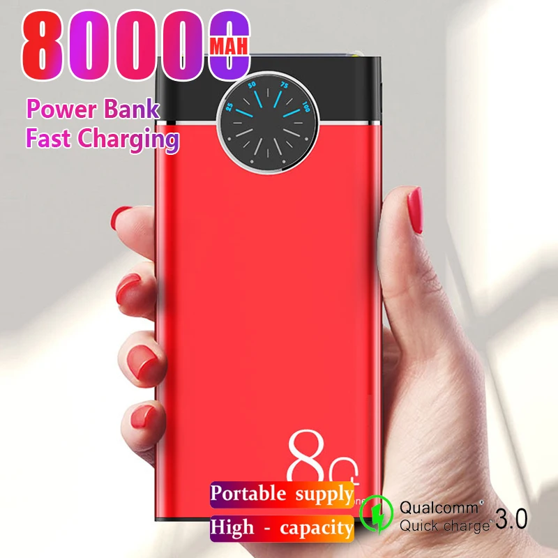 Banco de energía portátil de 80000mAh, luces LED USB duales, carga rápida para IPhone, Xiaomi, Samsung, Banco de energía de alta capacidad