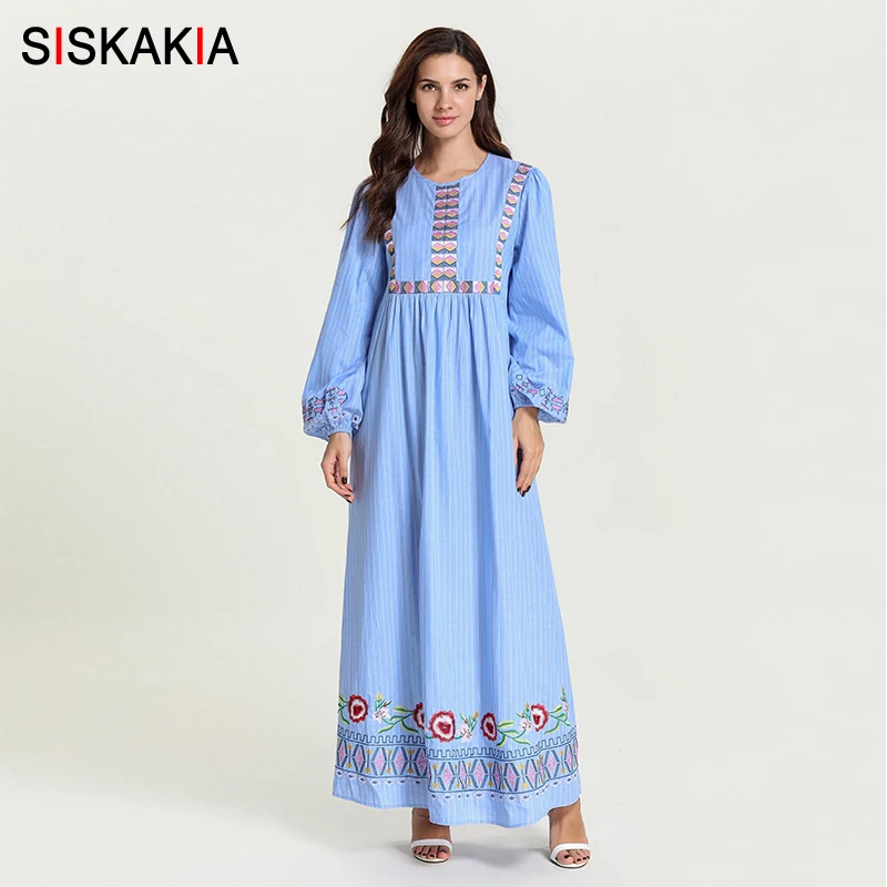 

Siskakia Elegant Stripe Embroidery Long Dress Light Blue Plus Size A Line Dresses Round Neck Long Sleeve Autumn 2019 New Arrival