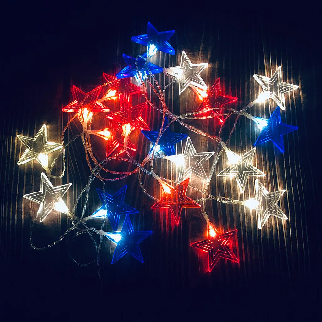 

LED light string star light string flashing battery-powered white and blue five-pointed star national flag decorative light stri