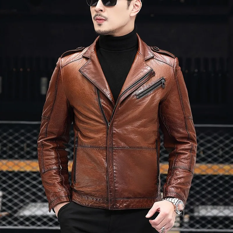 petite genuine leather coats & jackets Spring Autumn Thin Mens Genuine Leather Jackets Male Turn-Down Collar Biker Coat Slim Zippers Sheepskin Casual Outerwear leather sheepskin jacket