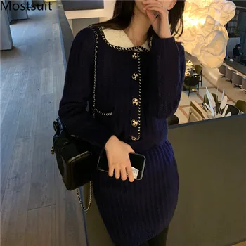 

2019 Winter Blue Knitted 2 Piece Skirt Suits Sets Women Vintage Cardigan Tops + Mini Skirt Suits Casual Fashion 2 Piece Sets