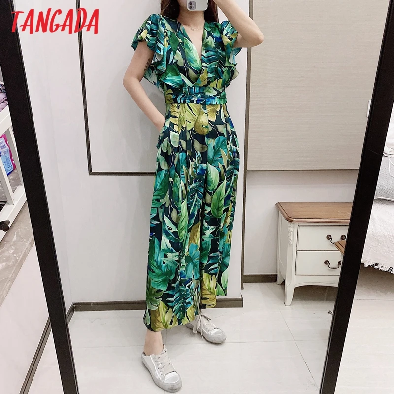 Tangada Women summer leaf print long jumpsuit ruffles short Sleeve pocket v neck female casual Jumpsuit 5Z199