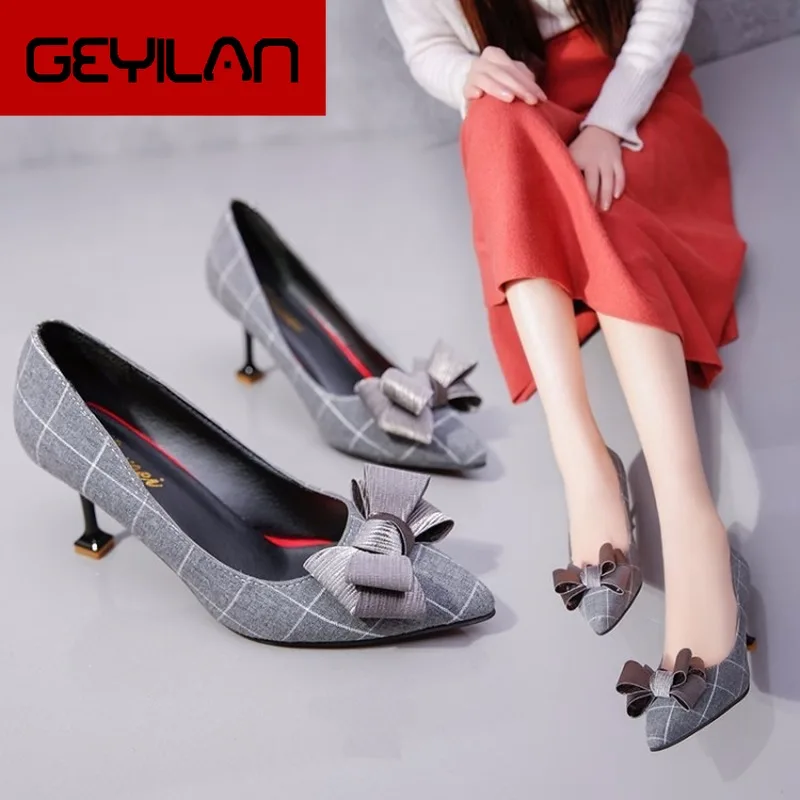 

Ladies Shoes Woman Pumps 2020 Autumn Spring New Plaid Slip on Shallow Bow Knot Thin High Heels Pointed Toe Work Women Shoes