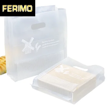 

500Pcs/lot Matte Clear Plastic Packaging Bag with Handle Windmill Printed Bread Grocery Snack Take-Out Packing Bag