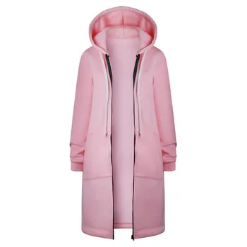 

Autumn and Winter Thickened Mid-long Hat Coat Women Hoodies Solid Color Pink Black Red Green Grey Sweatshirt Zip-up