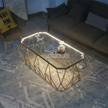 

Nordic Rectangular Tea Table With LED Light Creative Single Layer Toughened Glass Desktop Iron Art Leg Modern Living Room Table