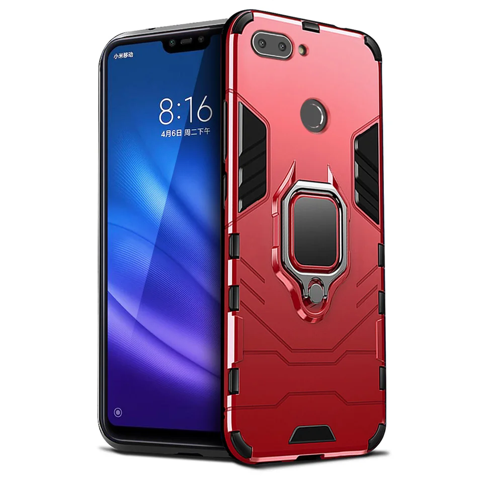Red-Finger Ring 1 Чехол для xiaomi mi 8 lite, противоударный чехол из ТПУ+ поликарбоната, чехол для mi 8 lite, задняя крышка, чехол для xiaomi mi 8 lite с кольцом на палец автомобиля - Цвет: Red-Finger Ring 1