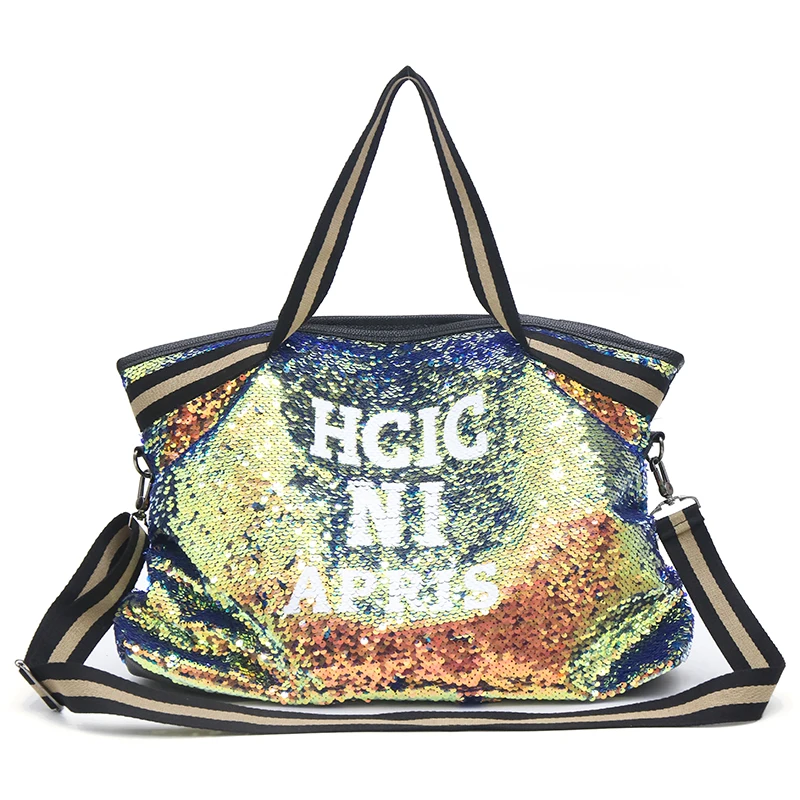 Женская двусторонняя сумка из искусственной кожи с блестками для спортзала, спортивная сумка для фитнеса, сумка через плечо, сумка-тоут для путешествий, спортивная сумка - Цвет: colorful gold