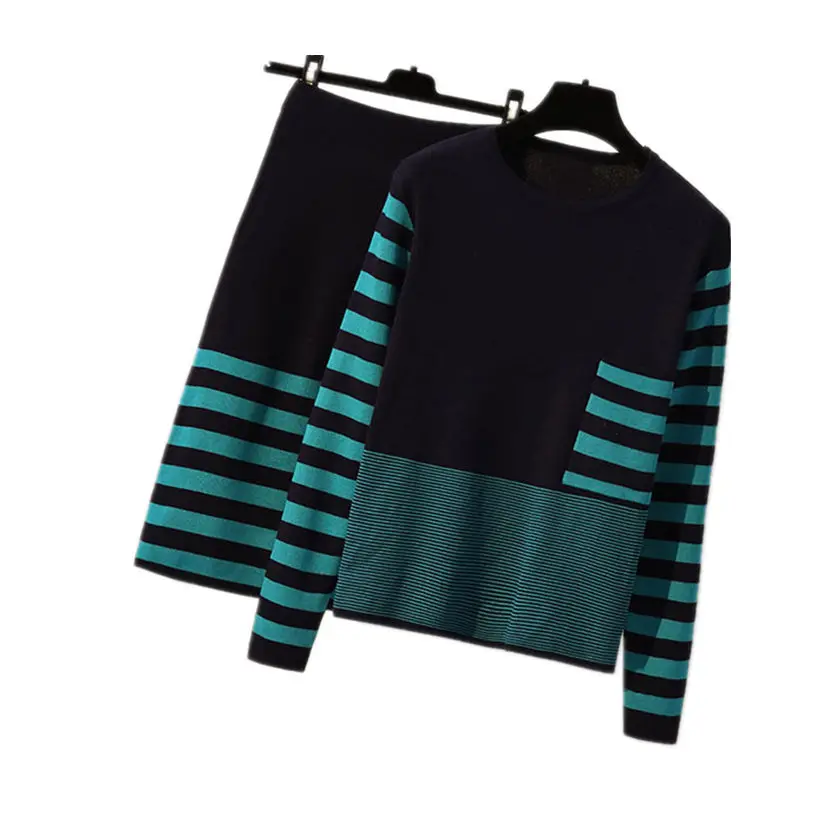 Cena Plus rozmiar 4XL nowa jesienna damska sweter i komplety spódniczek O Neck pełna rękaw dzianinowe swetry sukienki w paski S88624LD