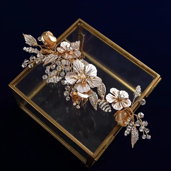 

Handmade Gold Brides Hair Combs Leaves Flower Woman Hairpins Rhinestone Hair Sticks Wedding Hair Accessories
